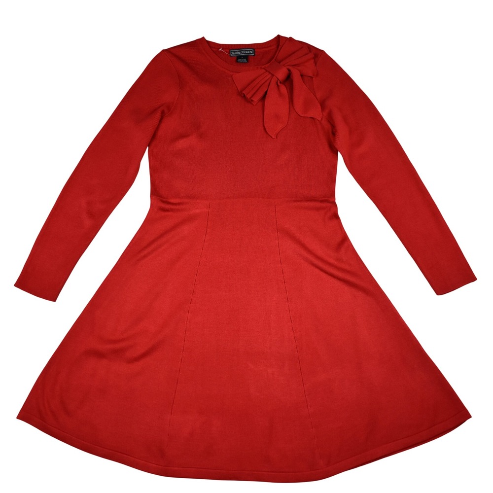 Jessica Howard Sweater Dress Red Bow Neck Knit Long Sleeve Fit Flare Holiday L